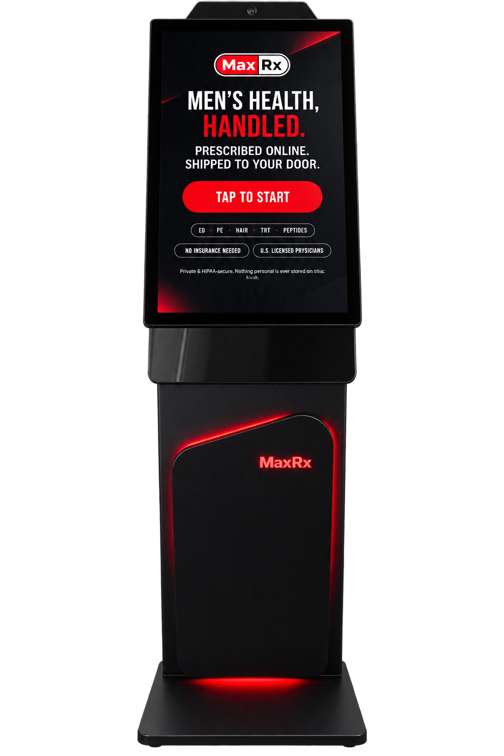 The MaxRx MX-01 kiosk: a floor-standing pedestal with a portrait touchscreen showing the attract screen, and a red-backlit base carrying the MaxRx wordmark.